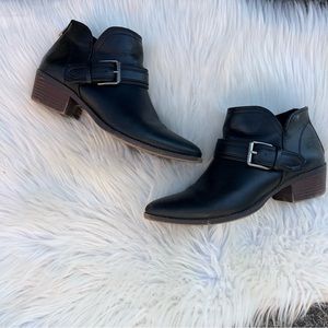 David Aaron Black and Silver Buckle Brown Heel Ankle Booties